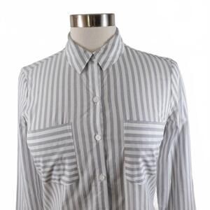 Express Womens Cotton Button Up Gray White Striped Blouse Shirt XS